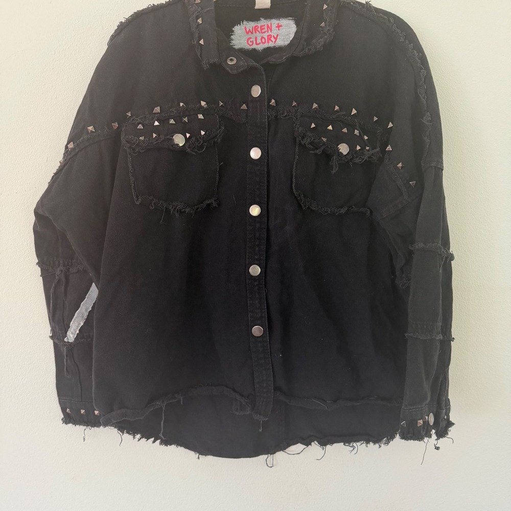 Wren + Glory Hand Painted Distressed Studded Black Denim Jacket Large Oversized
